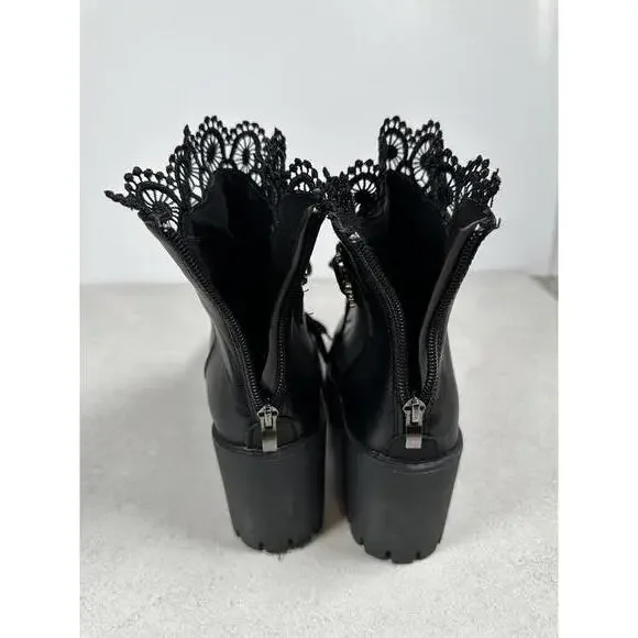 Black Lace Trim Heeled Combat Boots Goth Punk Grunge Alt Platform Chunky Sz 41 - Picture 6 of 7